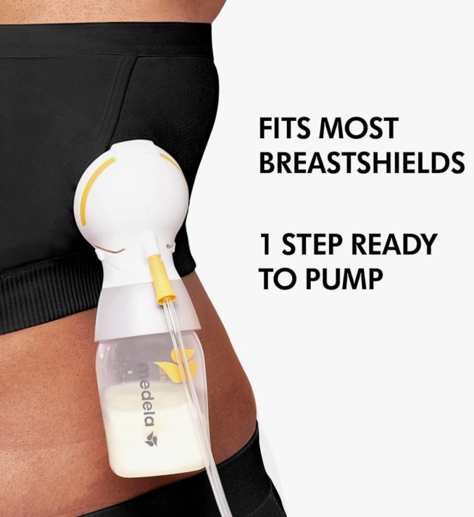 hands-free breast pump device attached to a person wearing black pumping bra. The text emphasizes that this device fits most breast shields and is ready to pump in one step.